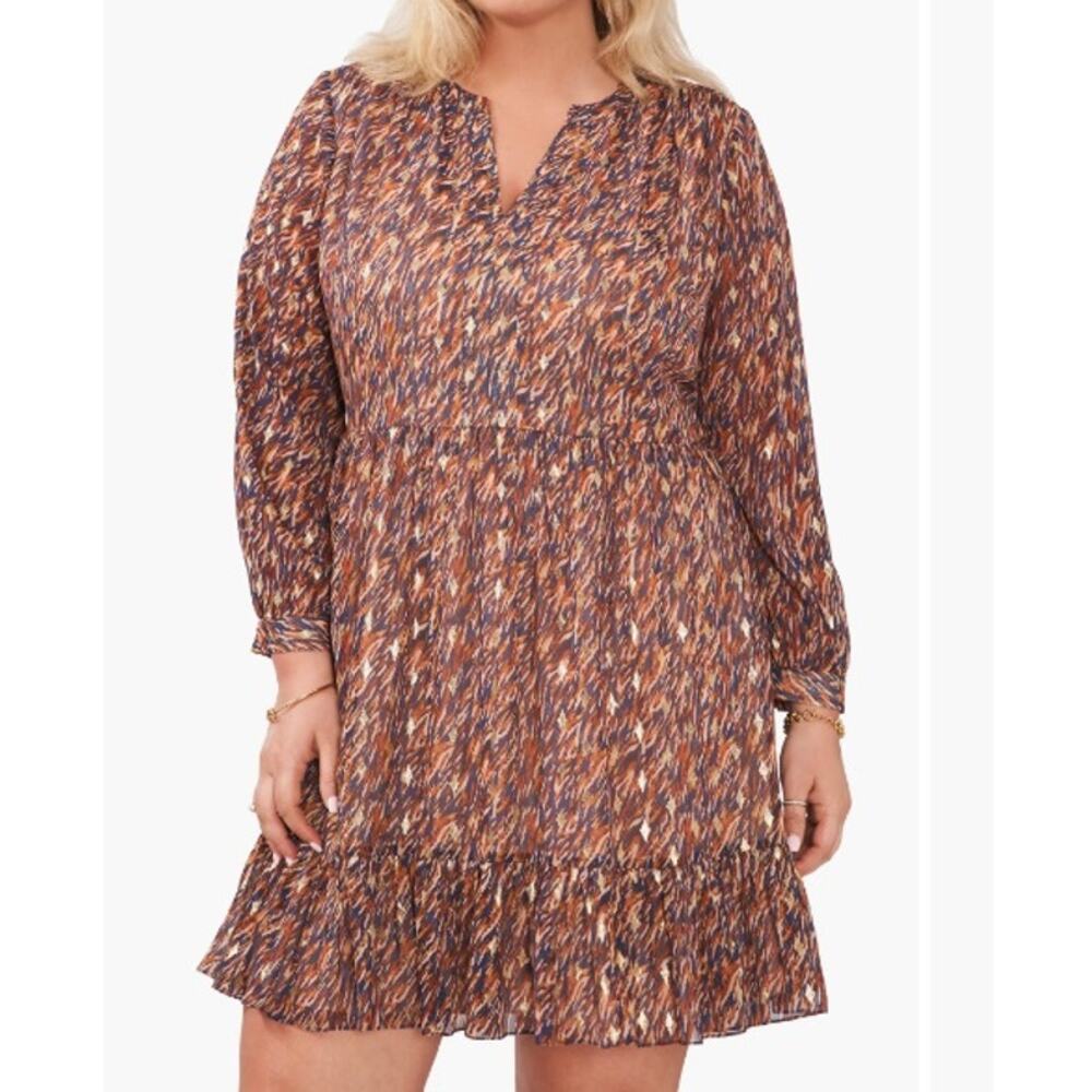 Vince Camuto Split Neck Long Sleeve Dress Women's Small Navy Brown Gold Metallic